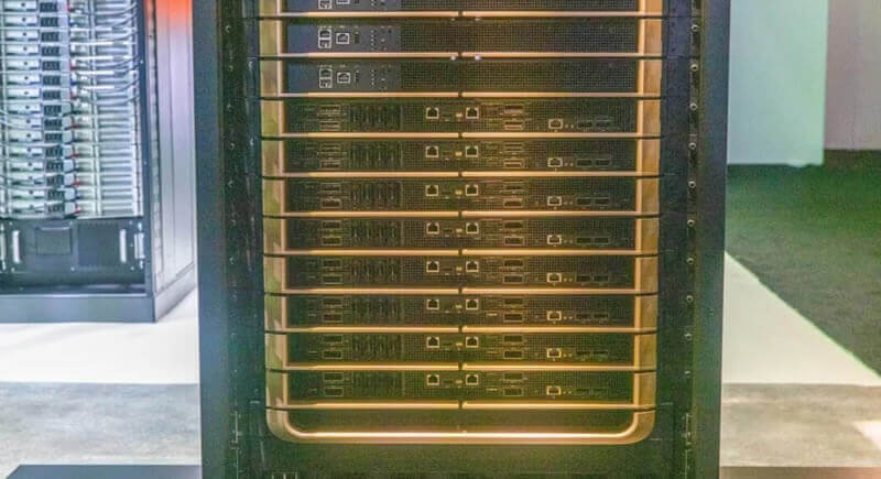 At the bottom of the cabinet, below the nine NVSwitches, are eight 1U compute nodes.