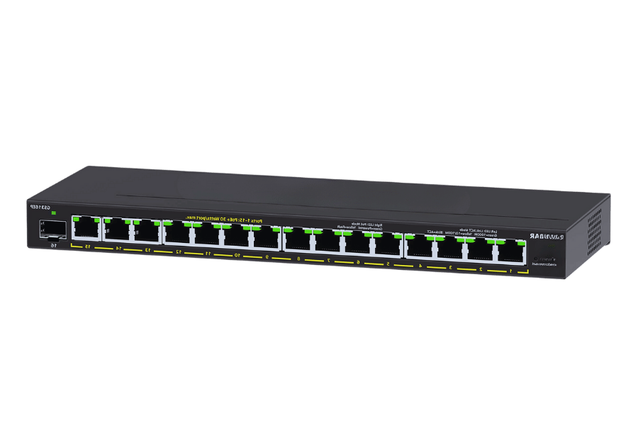 What advanced features should I look for in a 16-port Gigabit Ethernet switch?