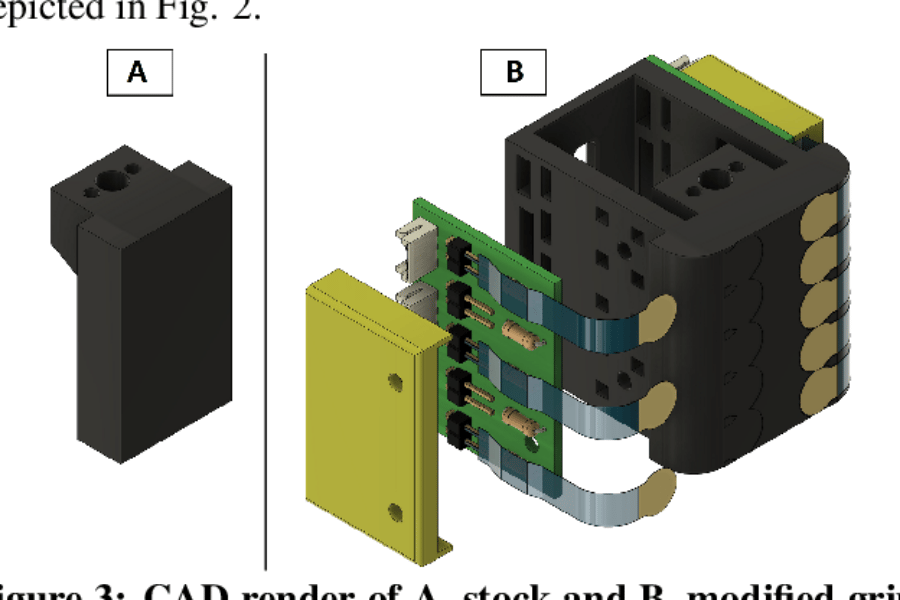 CAD render of A. stock and B. modified gripper fingertips 